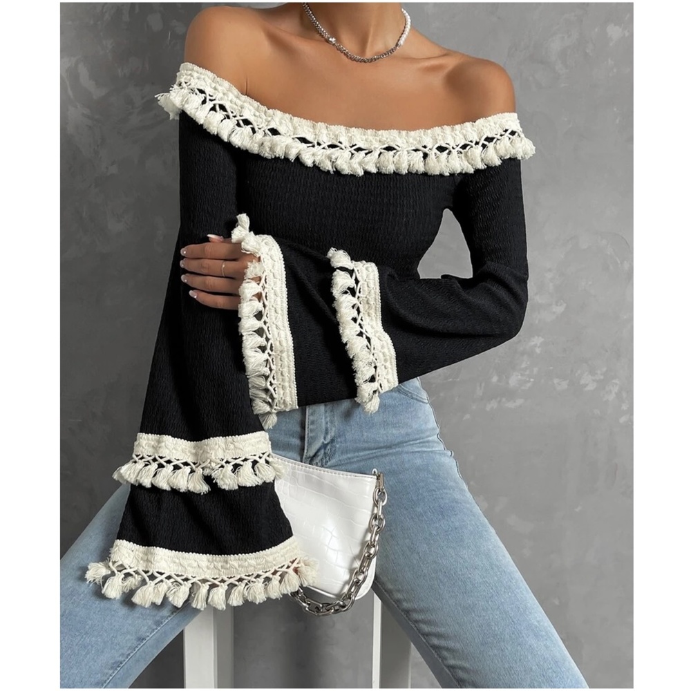 Boho Off Shoulder Tassel Detail Cropped Top - Picture 2 of 11
